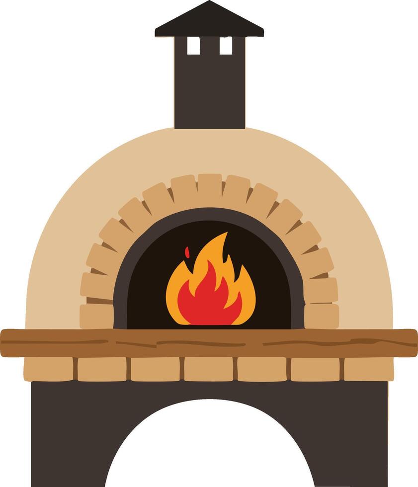 Outdoor wood fired oven with burning fire illustration for cooking pizza and baking bread vector