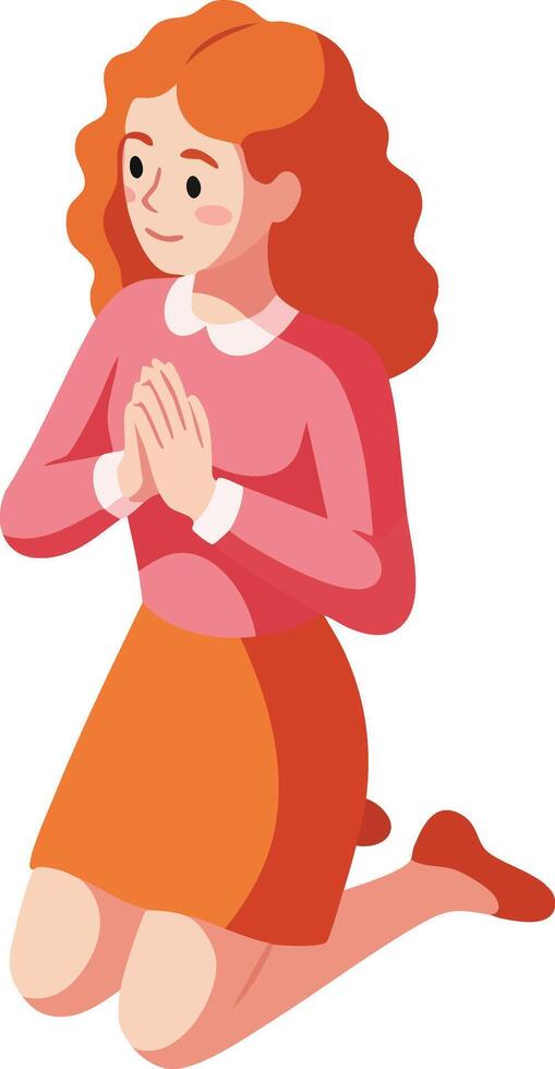 Red haired woman kneeling with hands clasped in prayer or contemplation illustration vector
