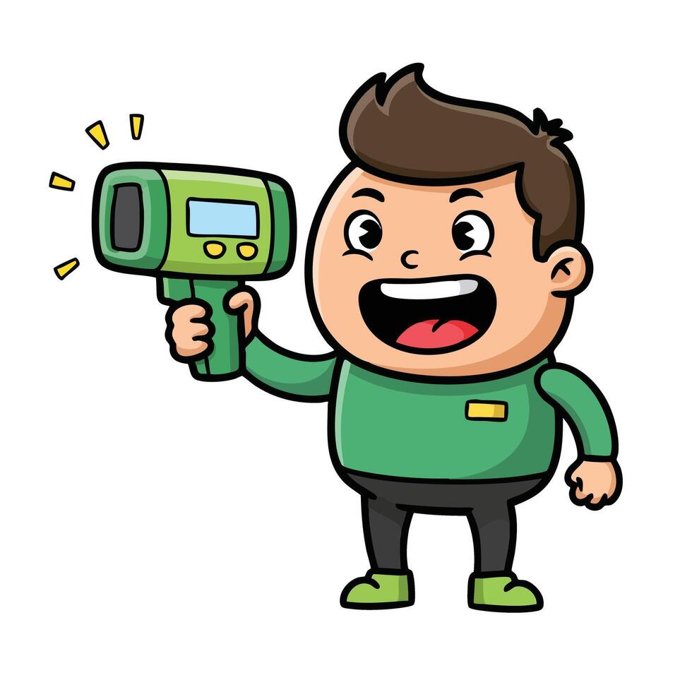 Boy holding green radar gun smiling and measuring speed with cartoon style illustration vector