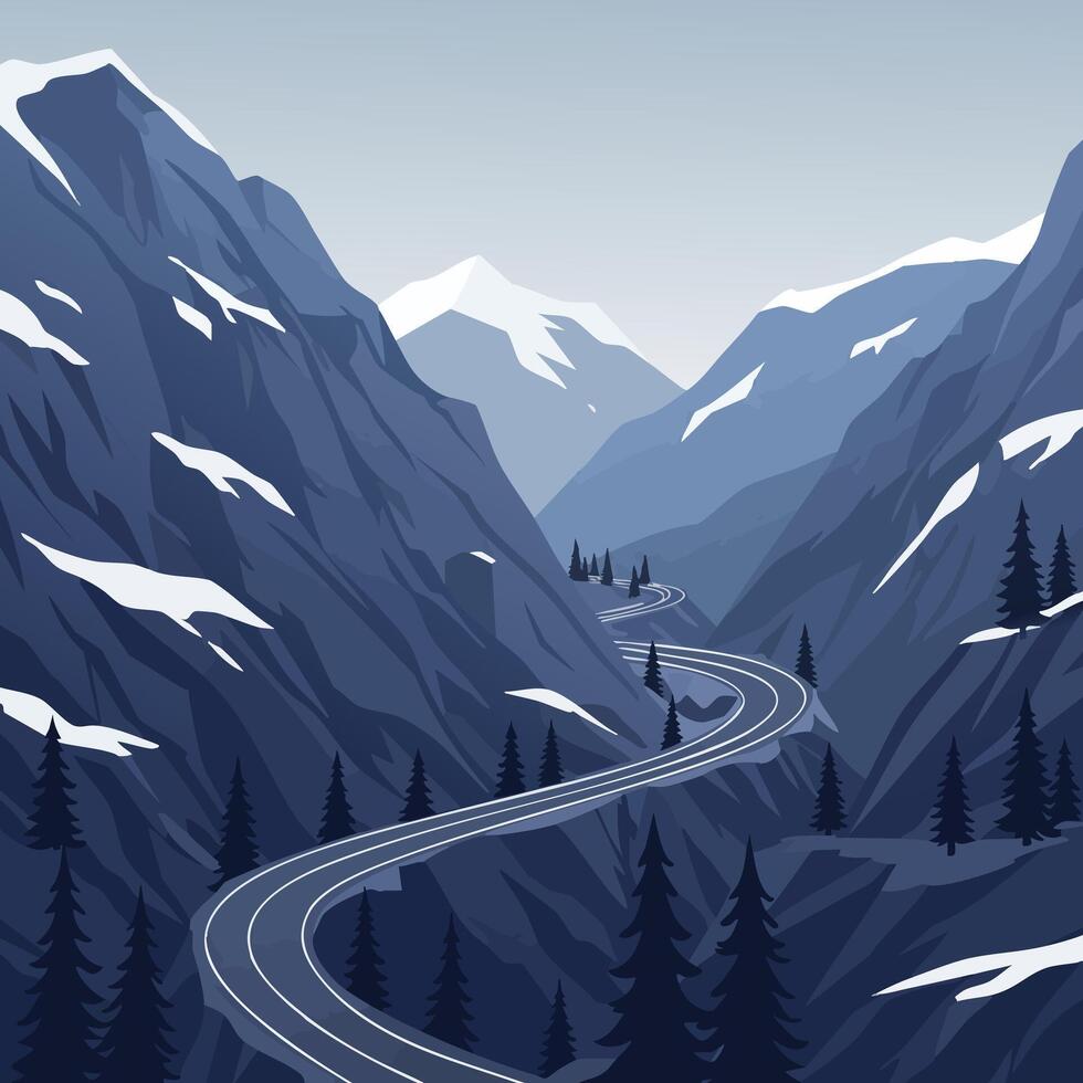Mountain winding road through snow capped peaks and pine forest landscape design illustration vector
