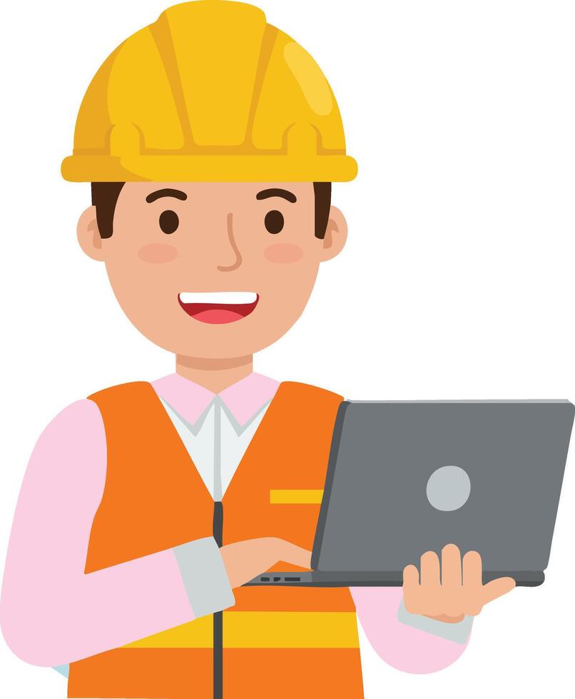 Construction worker wearing yellow helmet and orange vest using laptop for project management in design vector