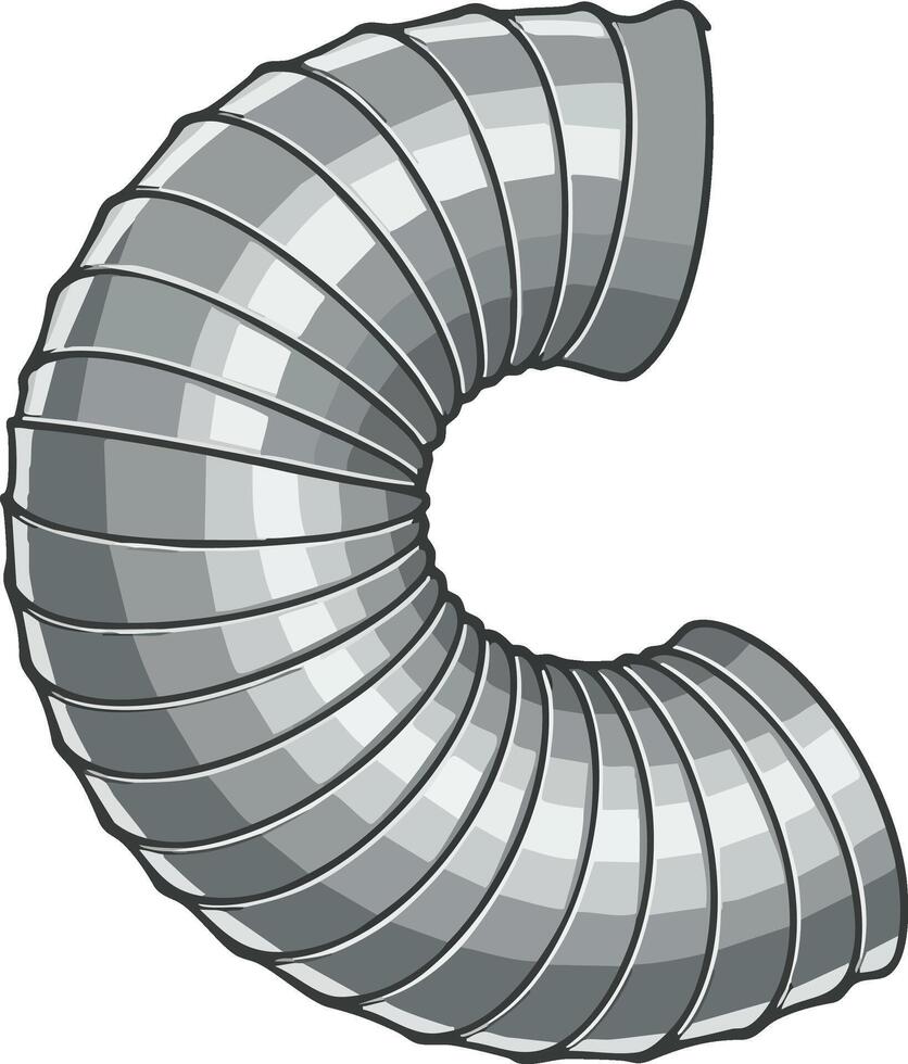 Flexible metallic ventilation duct pipe in curved shape illustration for industrial air flow systems and HVAC designs vector