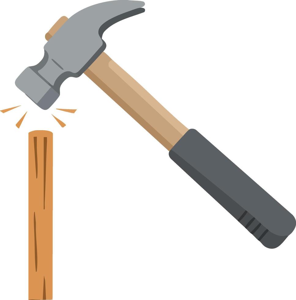 Hammer hitting nail with wooden handle and gray metal head illustration for construction and carpentry tools usage vector