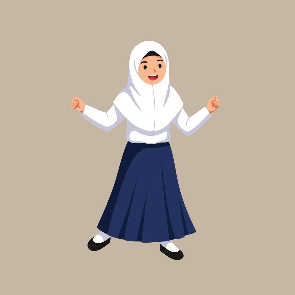Girl in white hijab and navy blue skirt expressing excitement and joy with fists clenched on beige background illustration vector