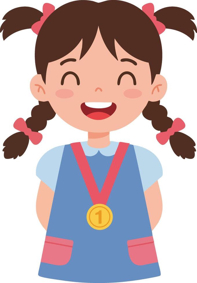 Happy little girl with pigtails wearing first place winner medal smiling joyfully illustration vector