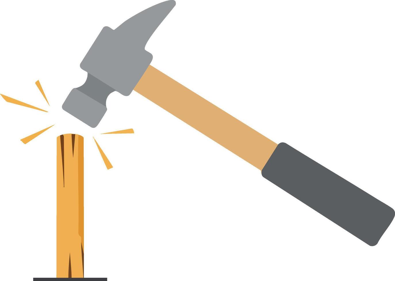 Hammer hitting wooden nail with sparks simple flat design for construction and carpentry tools illustration vector