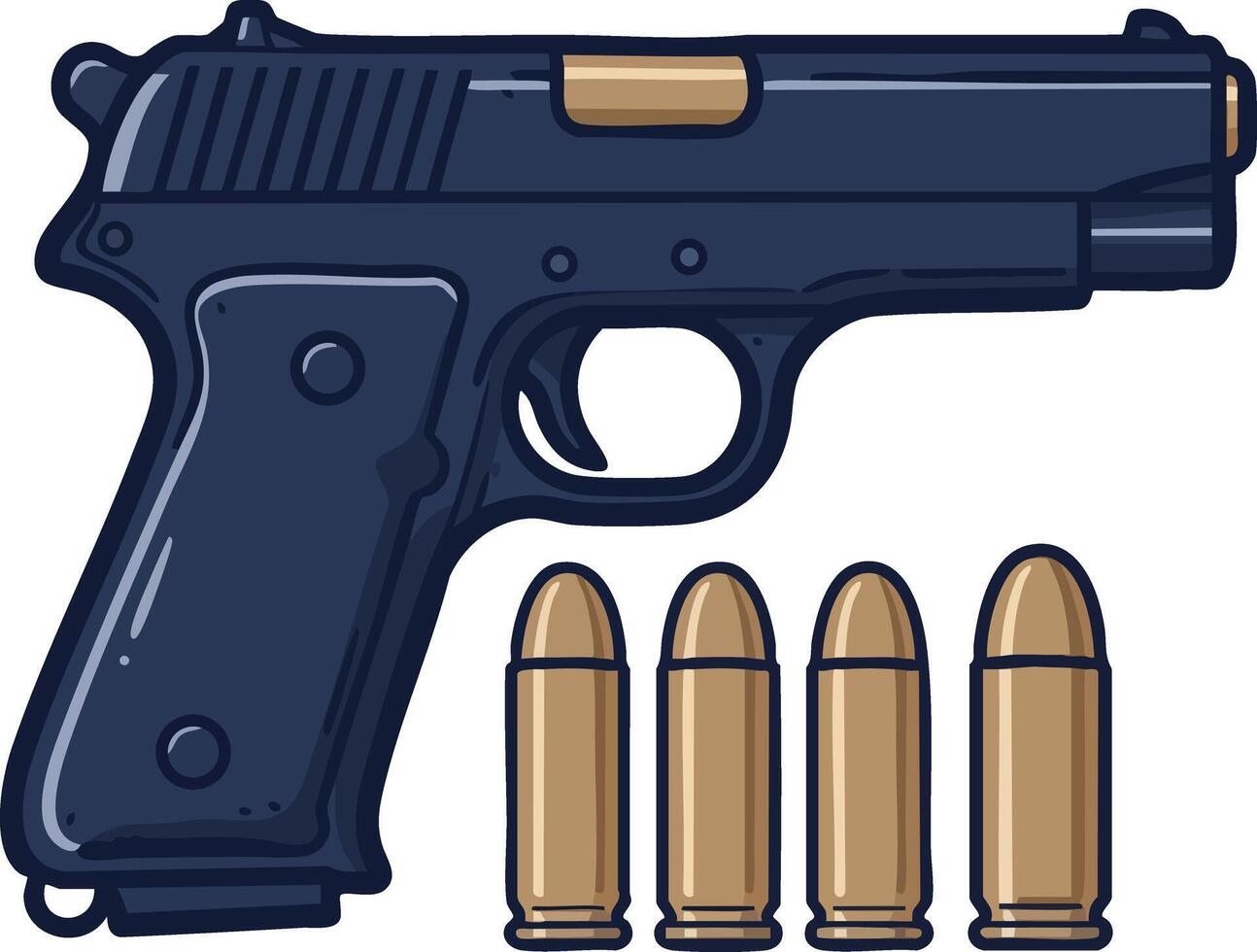Handgun pistol firearm with bullets illustration in dark blue and gold colors for weapon concept design vector
