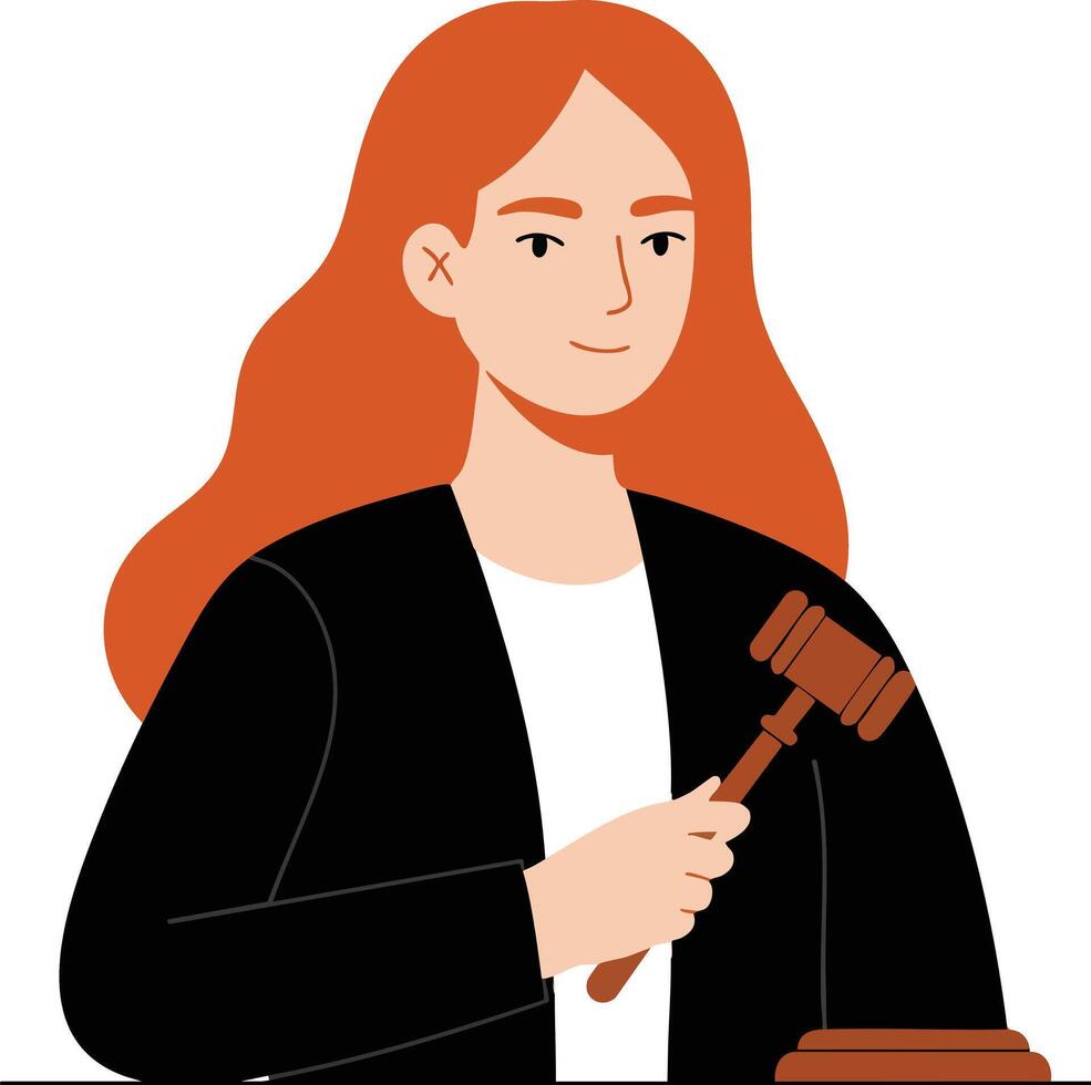 Redhead woman holding wooden gavel in courtroom setting representing justice and law concept illustration vector