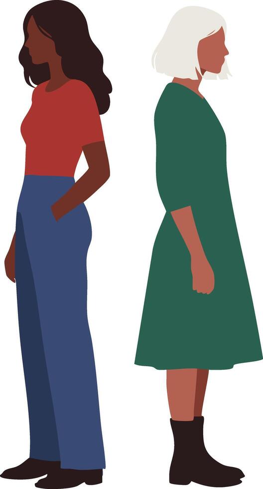Two diverse women standing back to back in casual clothing illustration with contrasting styles and colors vector