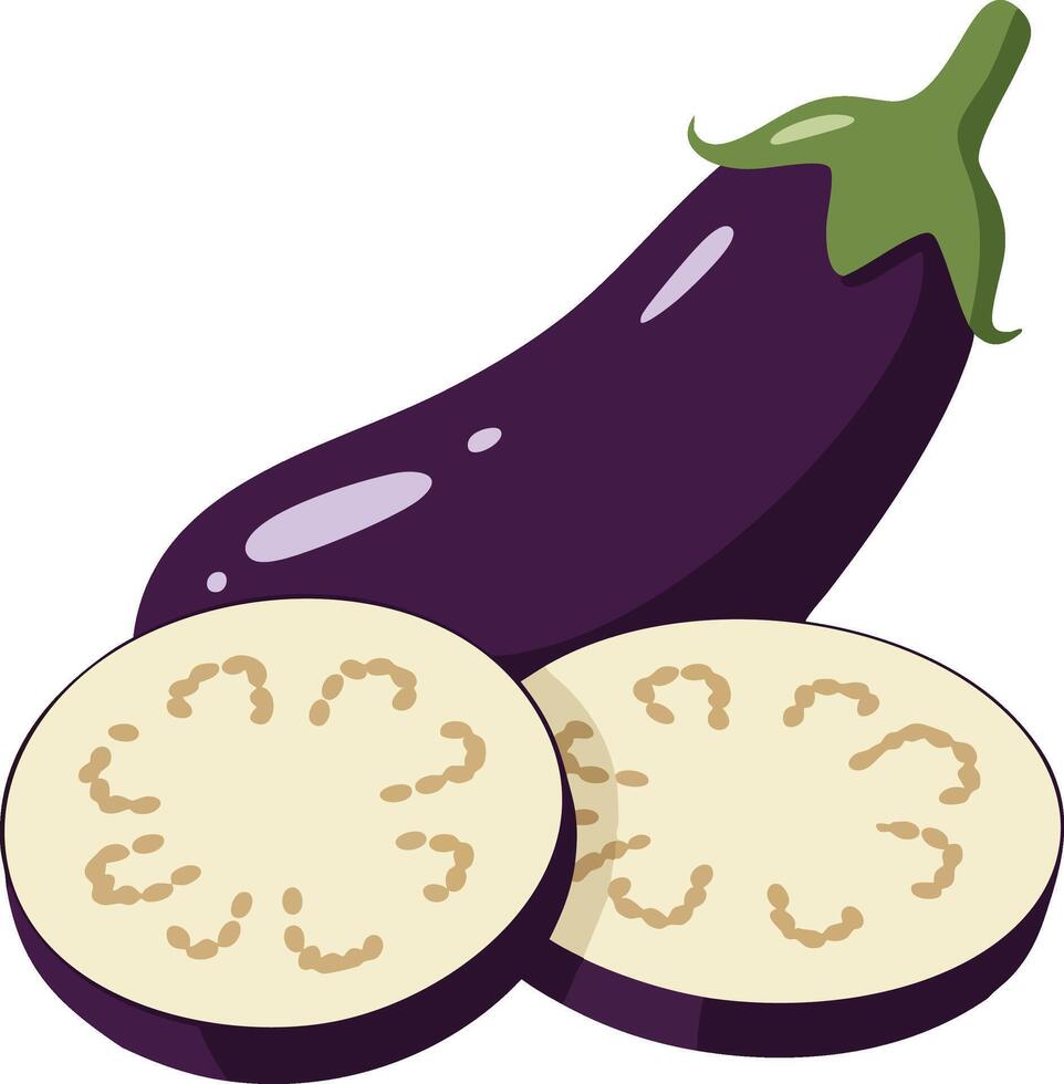 Eggplant with whole and sliced pieces fresh purple vegetable design for healthy food and cooking illustration vector