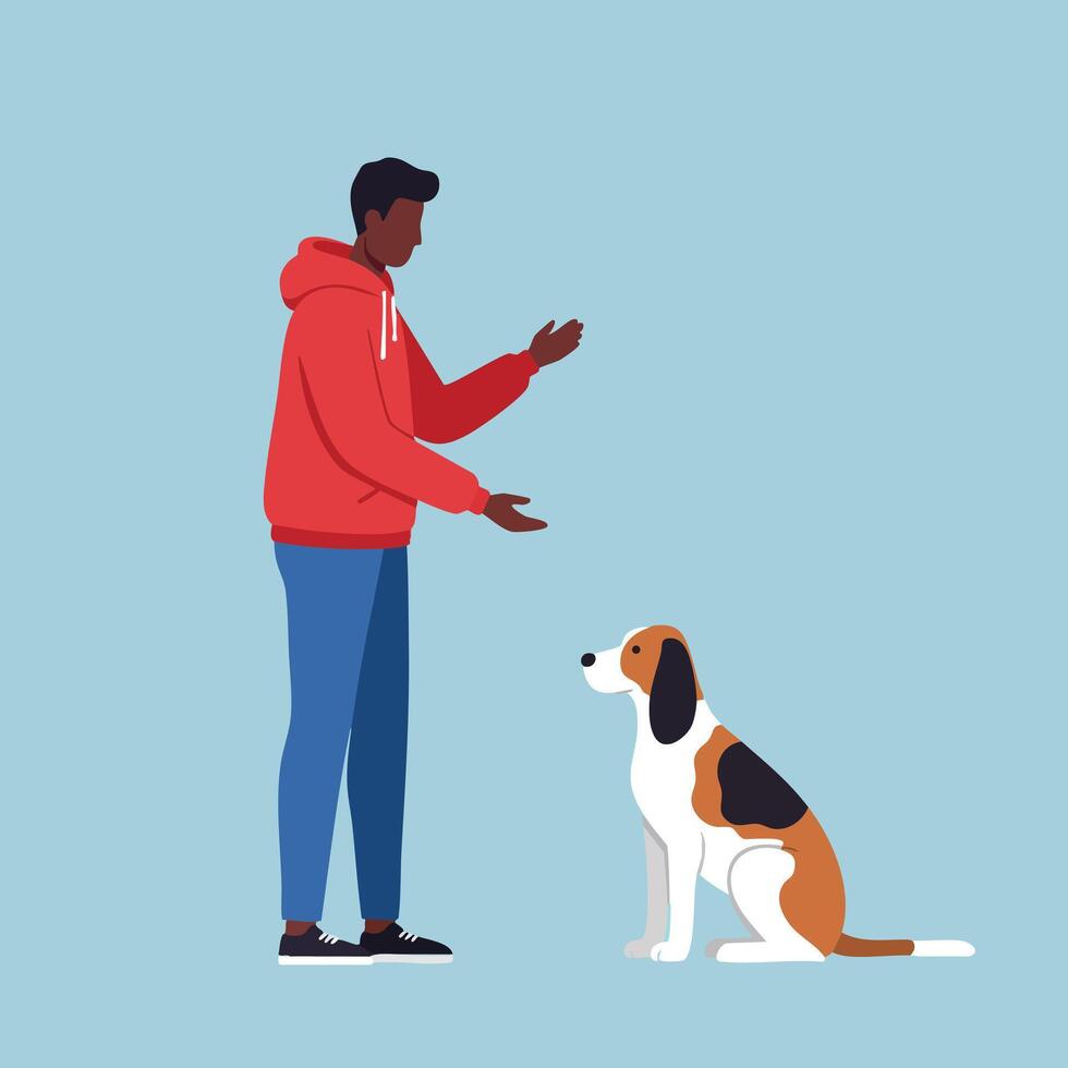 Man training beagle dog with hand signals in casual red hoodie and blue jeans on blue background illustration vector