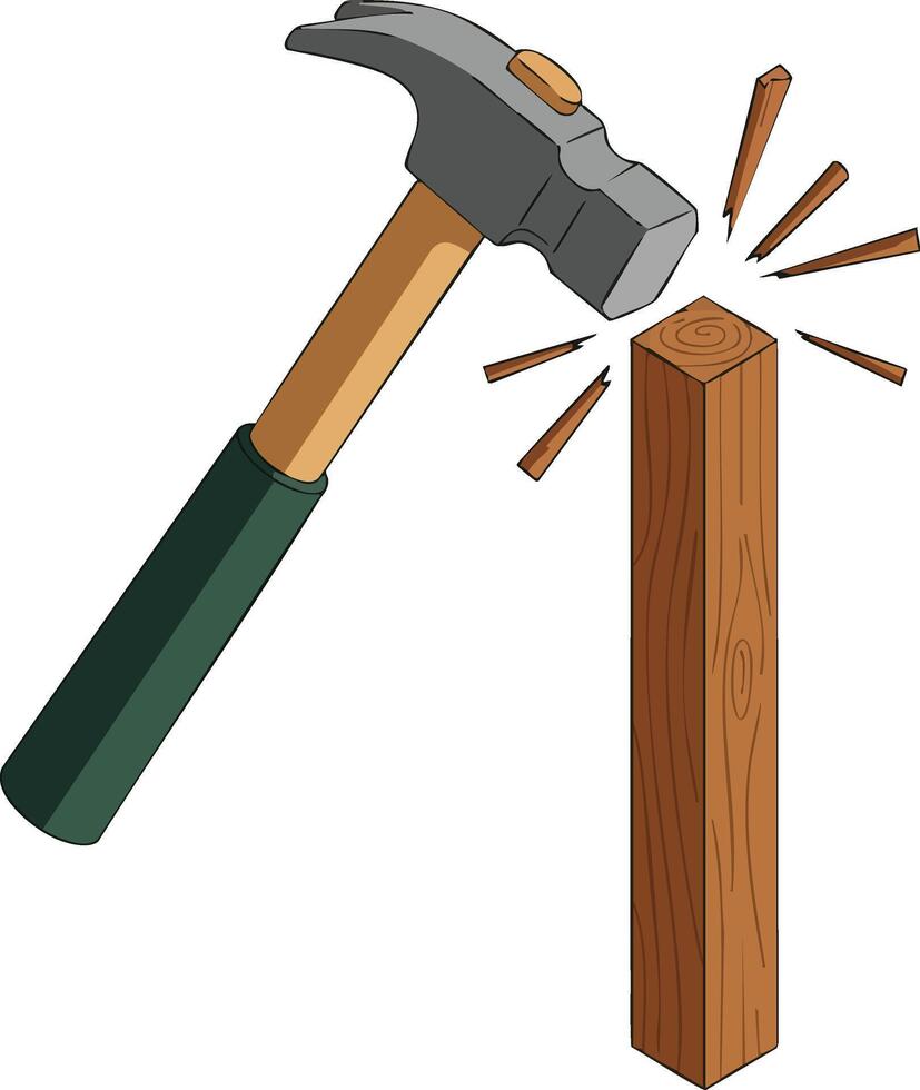 Hammer striking wooden post with flying wood chips illustration of construction and carpentry tools in action vector