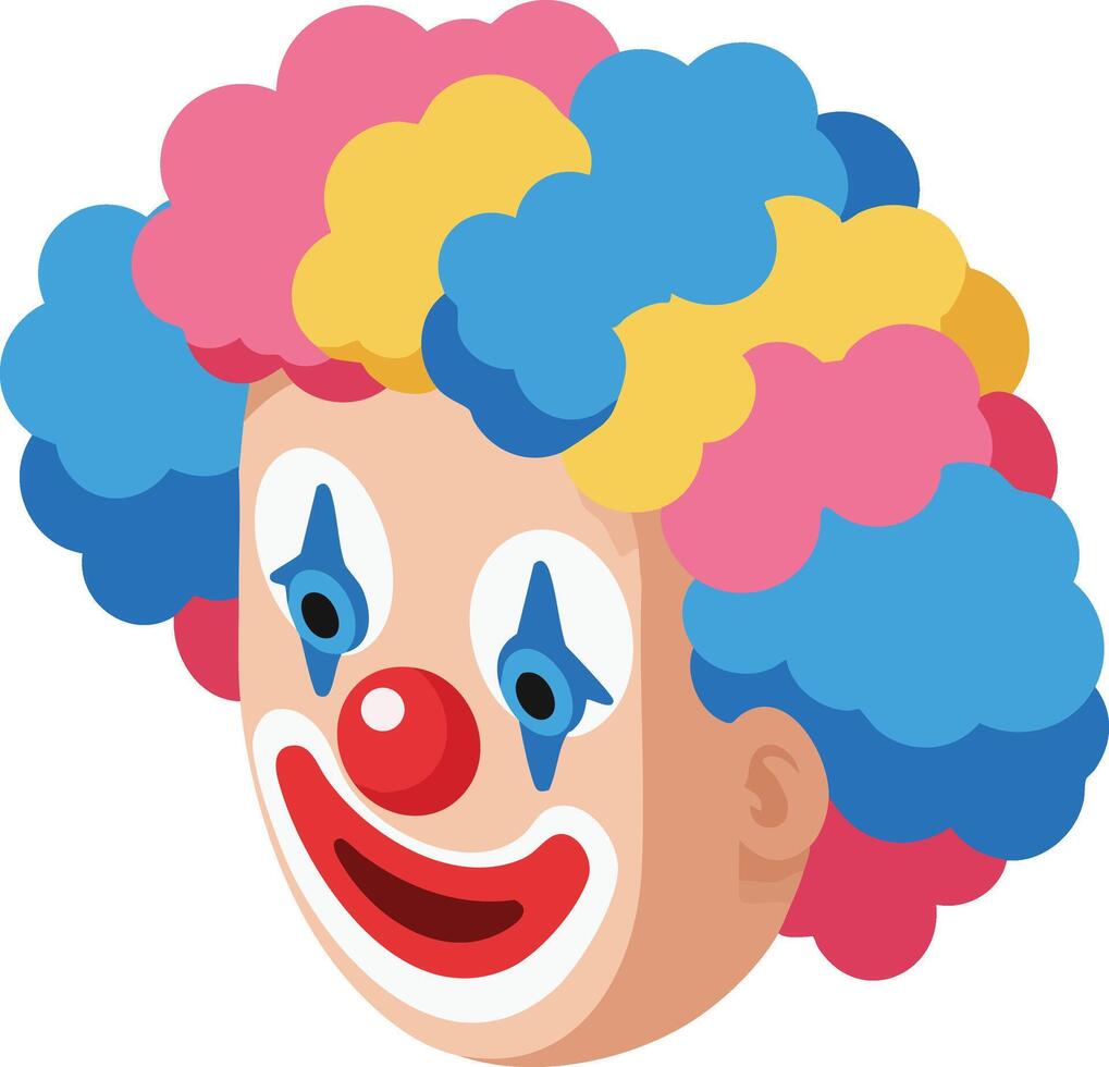 Colorful clown face with blue red yellow wig and makeup illustration for fun and entertainment design vector