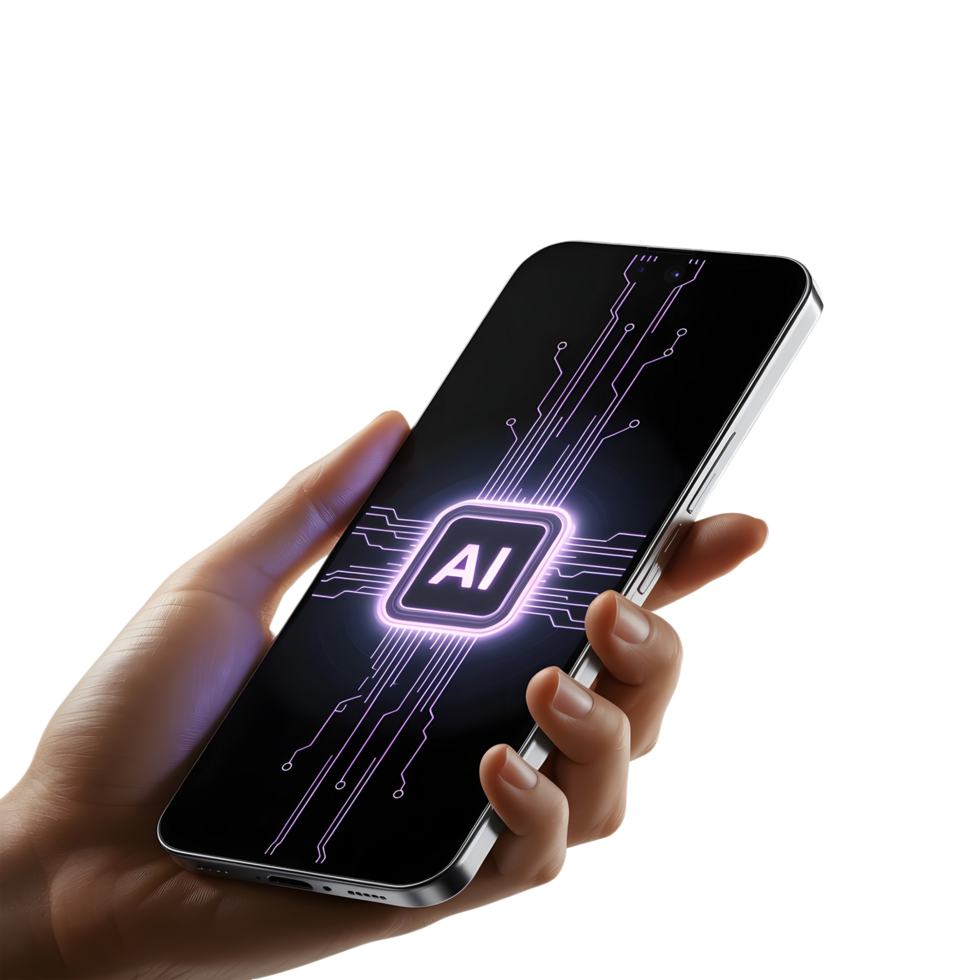 Hand Holding AI Smartphone with Digital Circuit Overlay png