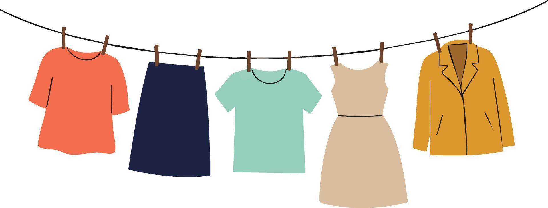 Clothes hanging on a line with colorful casual tops skirt dress and jacket in simple flat style illustration vector