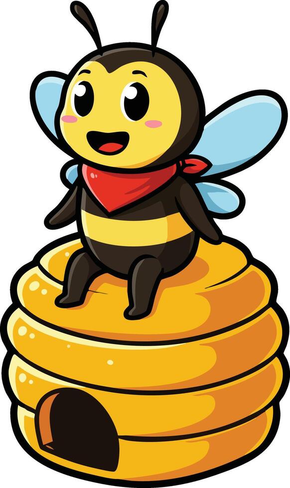 Cute bee cartoon sitting on bright yellow honeycomb beehive with red scarf illustration vector