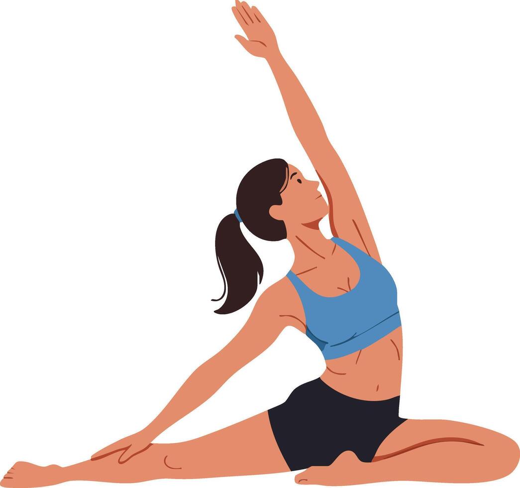 Woman practicing yoga stretching exercise in seated pose wearing blue top and black shorts illustration vector