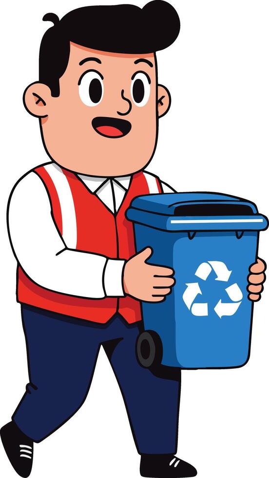 Cartoon man holding blue recycling bin with white recycle symbol illustration for environmental awareness and waste management vector
