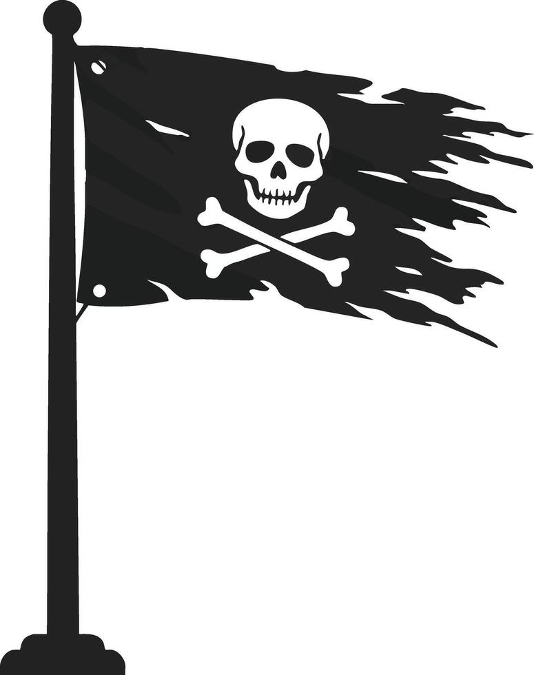 Pirate flag with skull and crossbones design waving on flagpole in black and white style illustration vector