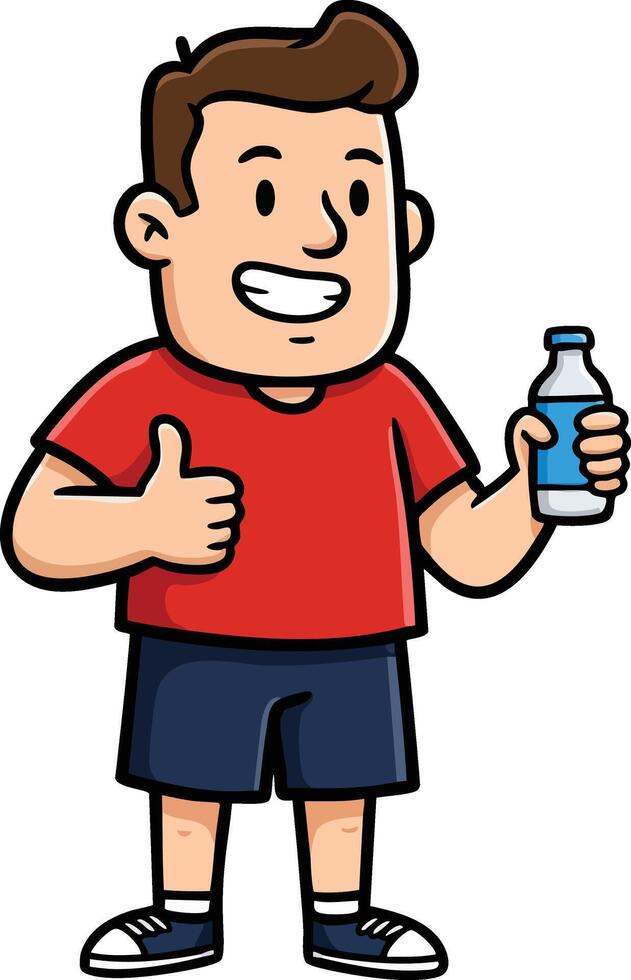 Happy smiling boy holding water bottle with thumb up gesture in casual red shirt and navy shorts illustration vector