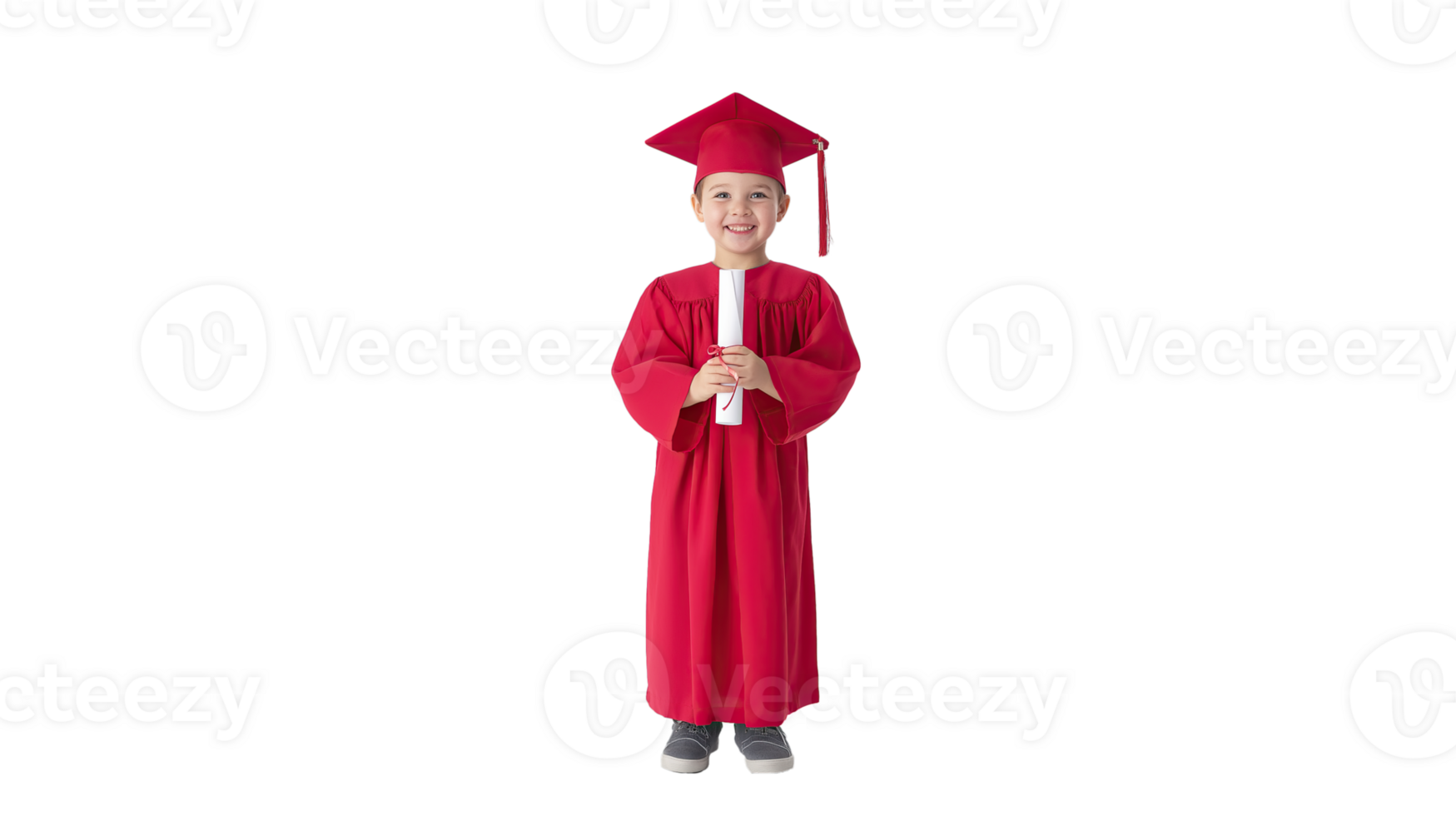 Joyful Young Child in Graduation Cap and Robe Holding Diploma. Full-Body Front View, Isolated on Transparent Background, Symbol of Early Achievement, Education Milestone, Innocence and Pride png