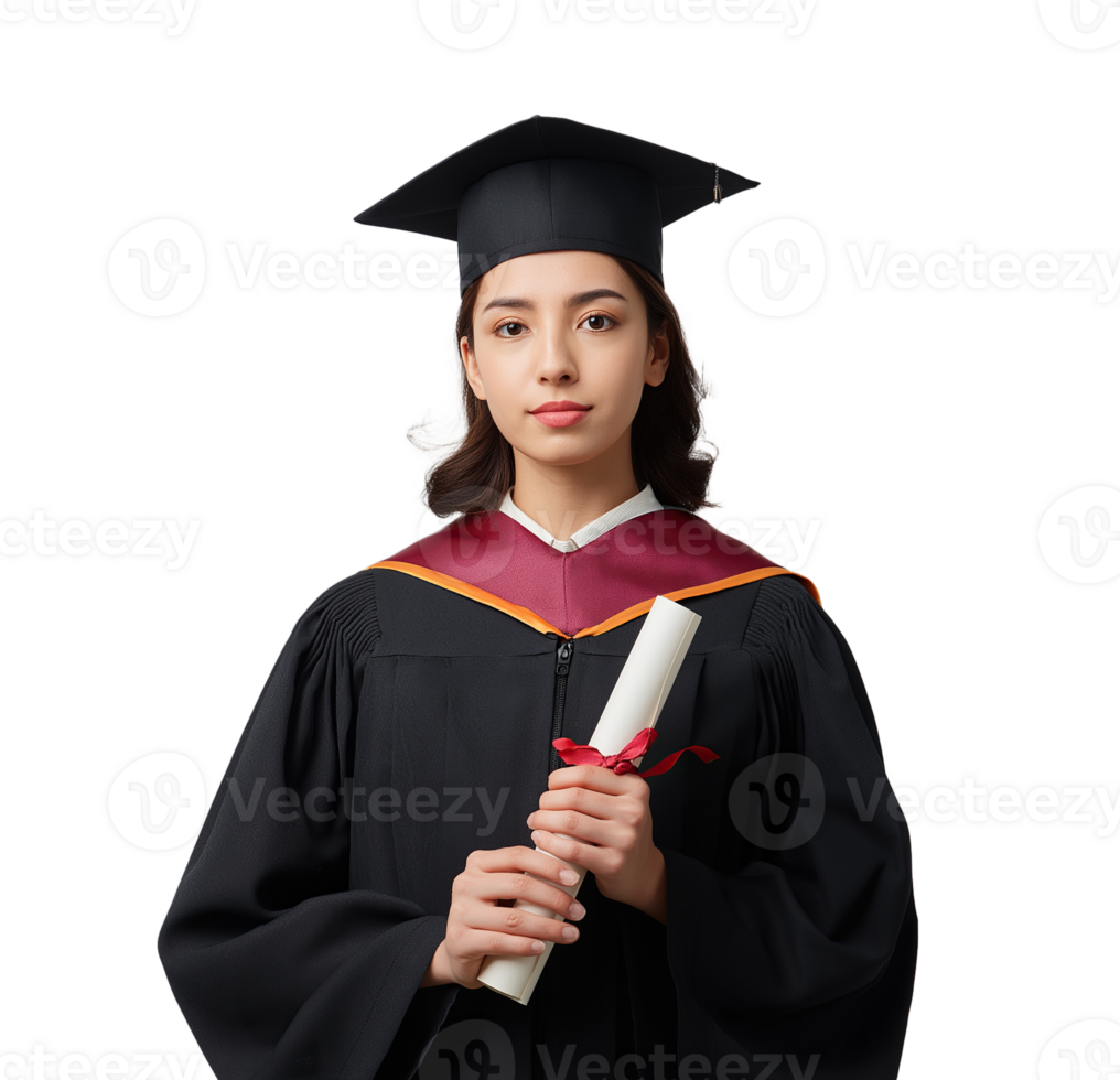 Proud Girl Master's Graduate in Academic Robe Holding Diploma. Transparent Background png