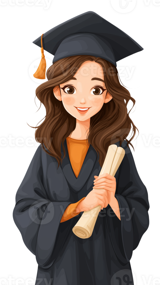 Joyful Illustrated Graduate Girl Holding Diploma and Wearing Cap. Isolated on Transparent Background for Educational and Celebration Themes png
