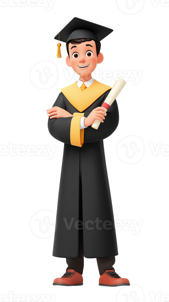 Smiling Young Graduate Illustration in Cap and Gown Holding Diploma. Flat Character Design for Educational Projects, Isolated png