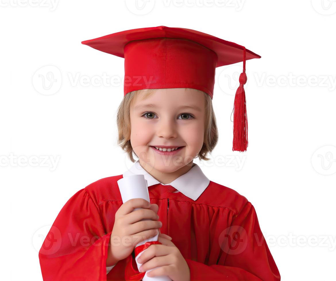 Young Child in Mini Graduation Cap and Bright Robe Holding Diploma. Smiling on transparent Background png