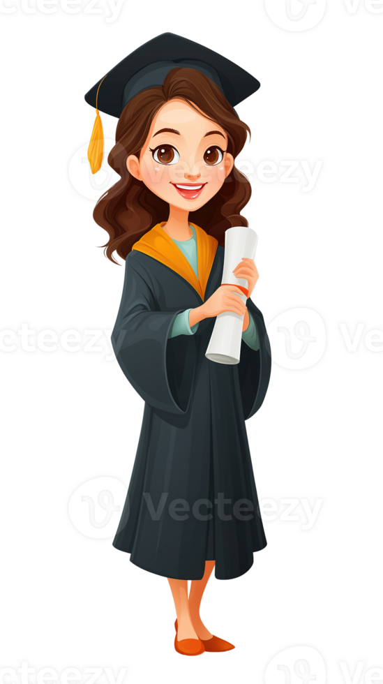 Cheerful Graduation Girl Character with Cap and Gown. Cartoon Style for School and University Projects png