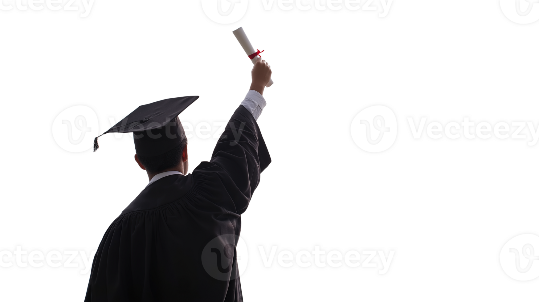 Back View of Graduate Celebrating on Mountain Peak Holding Diploma, Transparency Background with Copy Space png