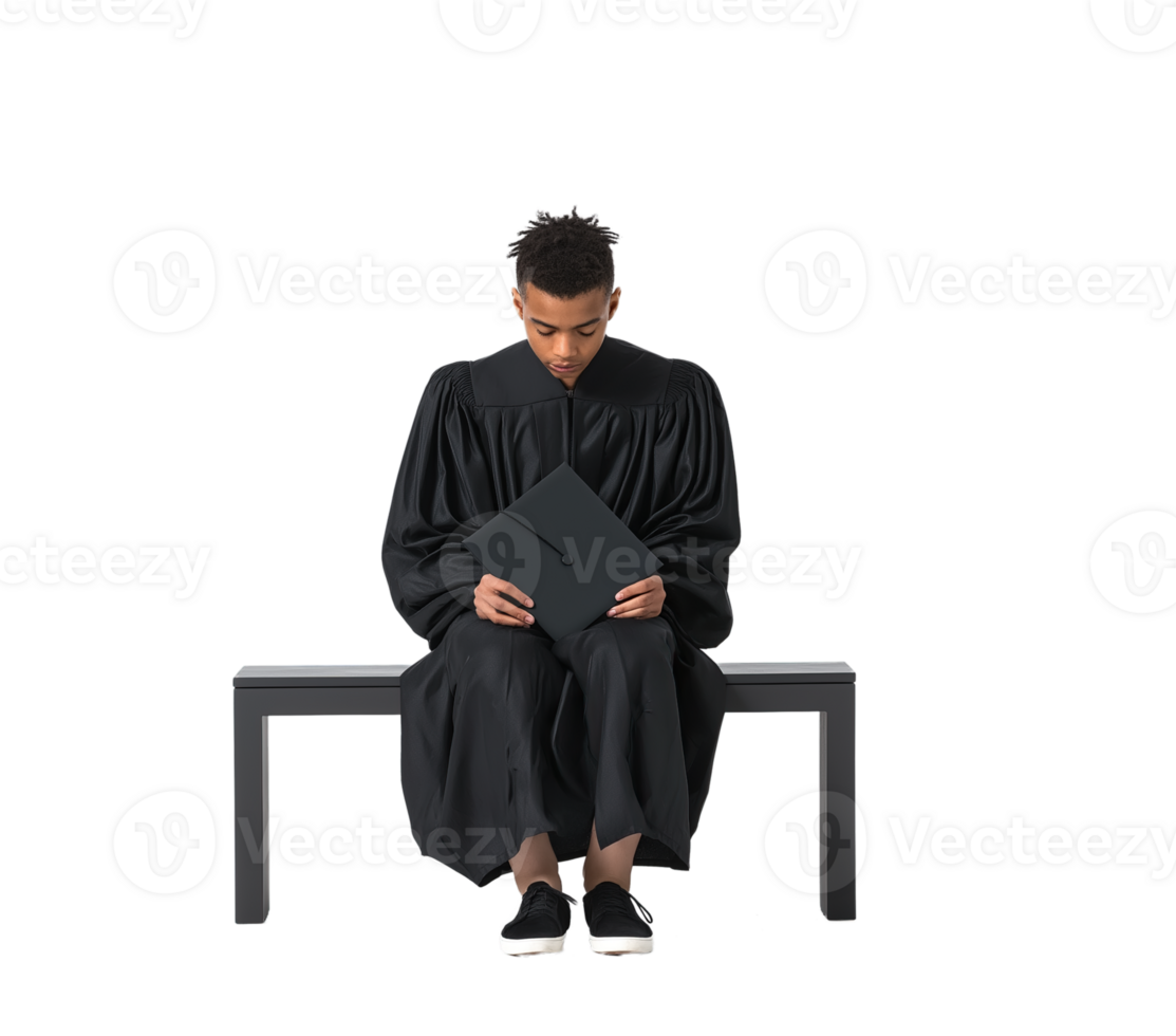 Thoughtful Young Graduate Sitting Cross-Legged Holding Cap , Isolated on Transparent Background png