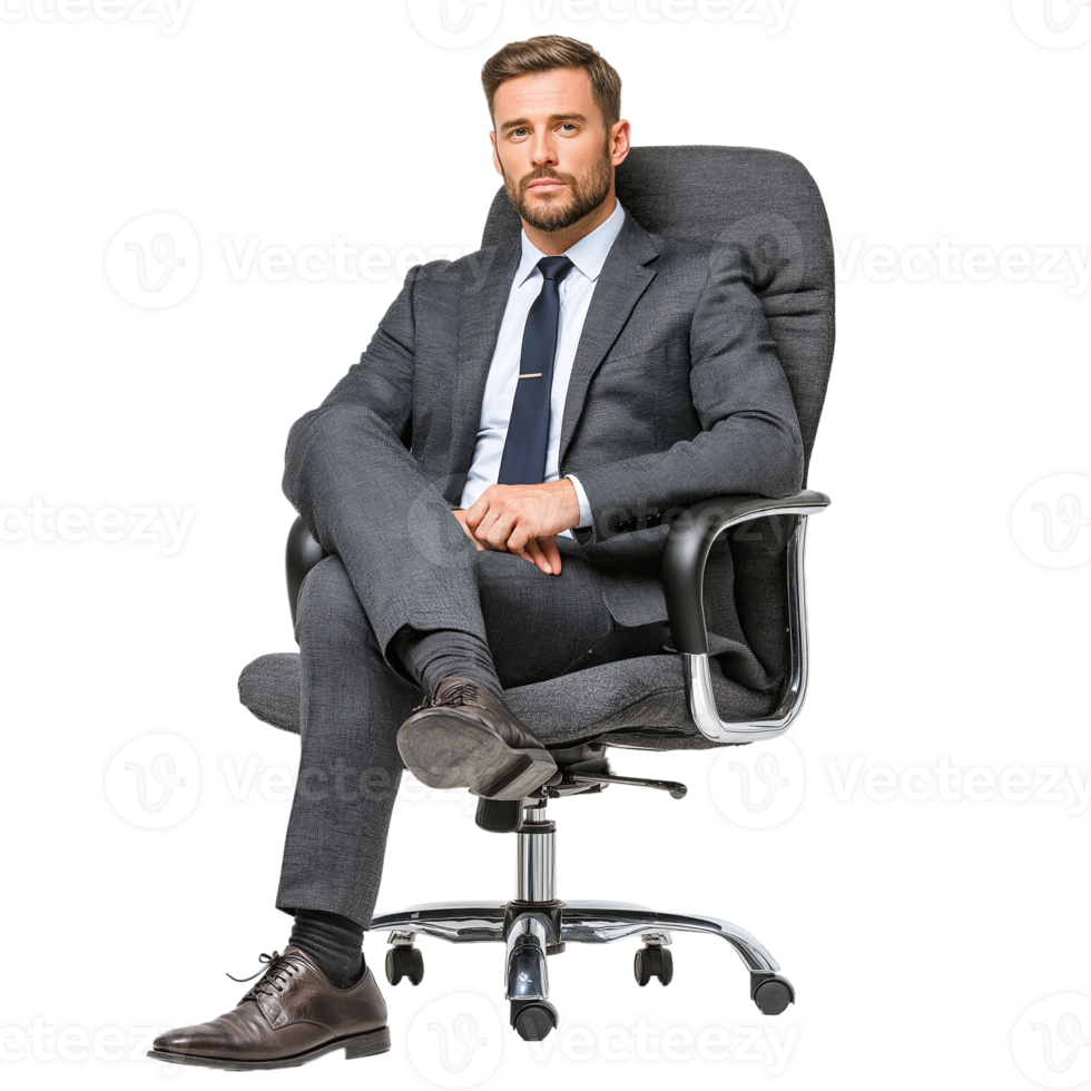 Confident Businessman in Suit Sitting on Office Chair Isolated on transparent background png