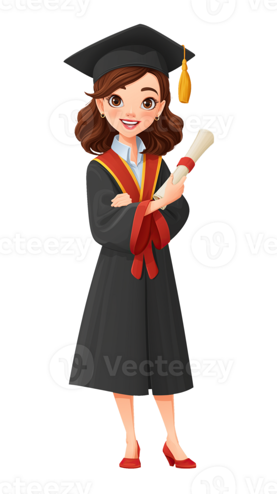 Smiling Young Female Graduate Illustration with Diploma. Flat Design on Transparent Background png