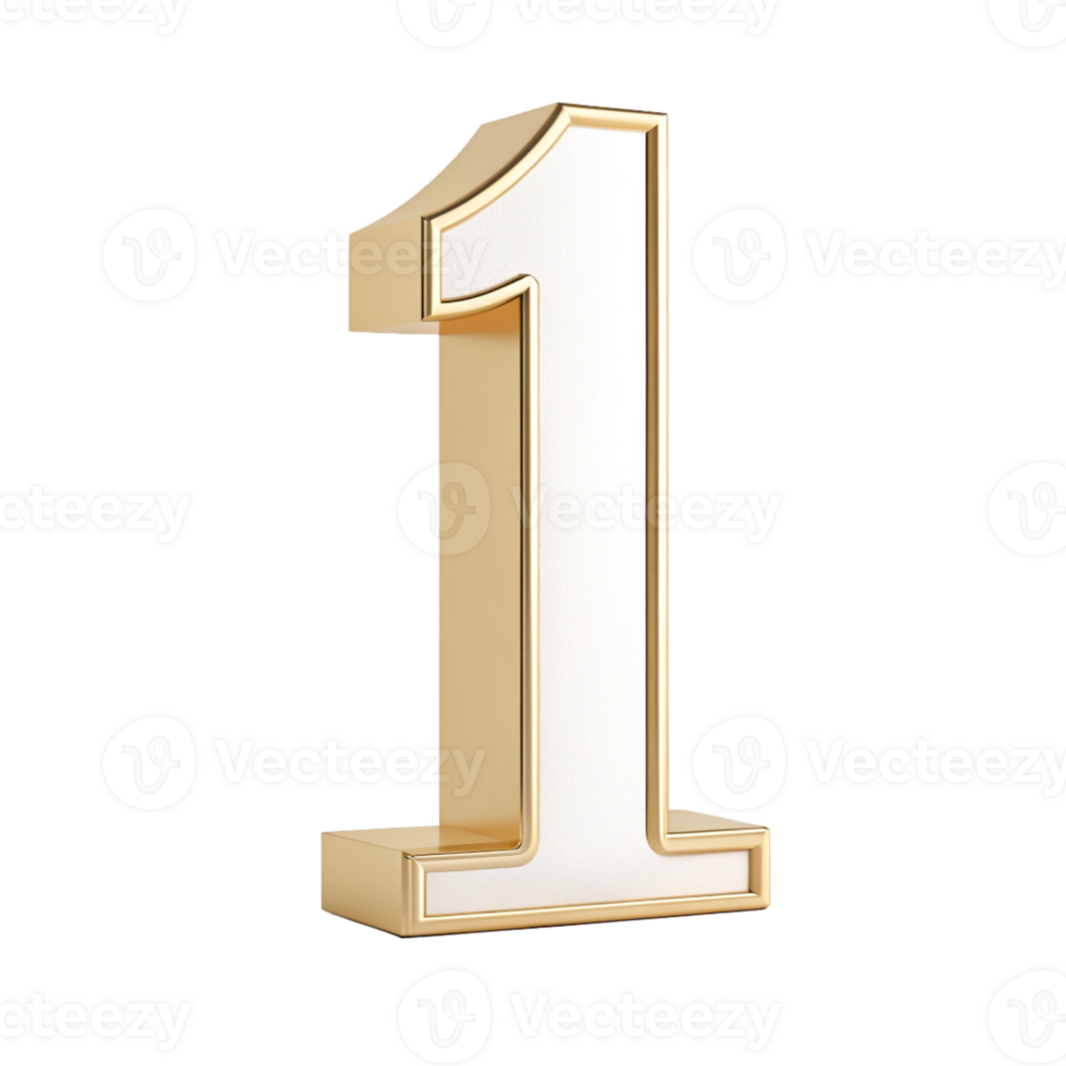 Gold and white number one 3d render isolated on transparent background png