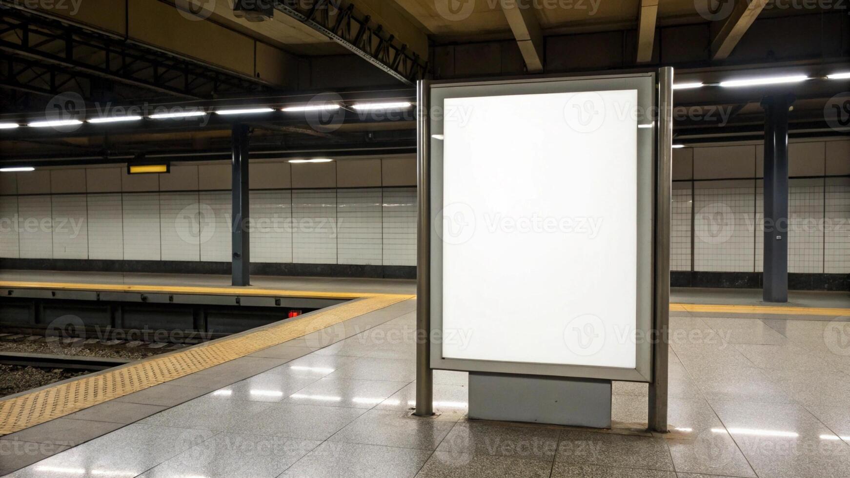 Blank Billboard on an Underground Train Station Platform Ready for Advertisement photo