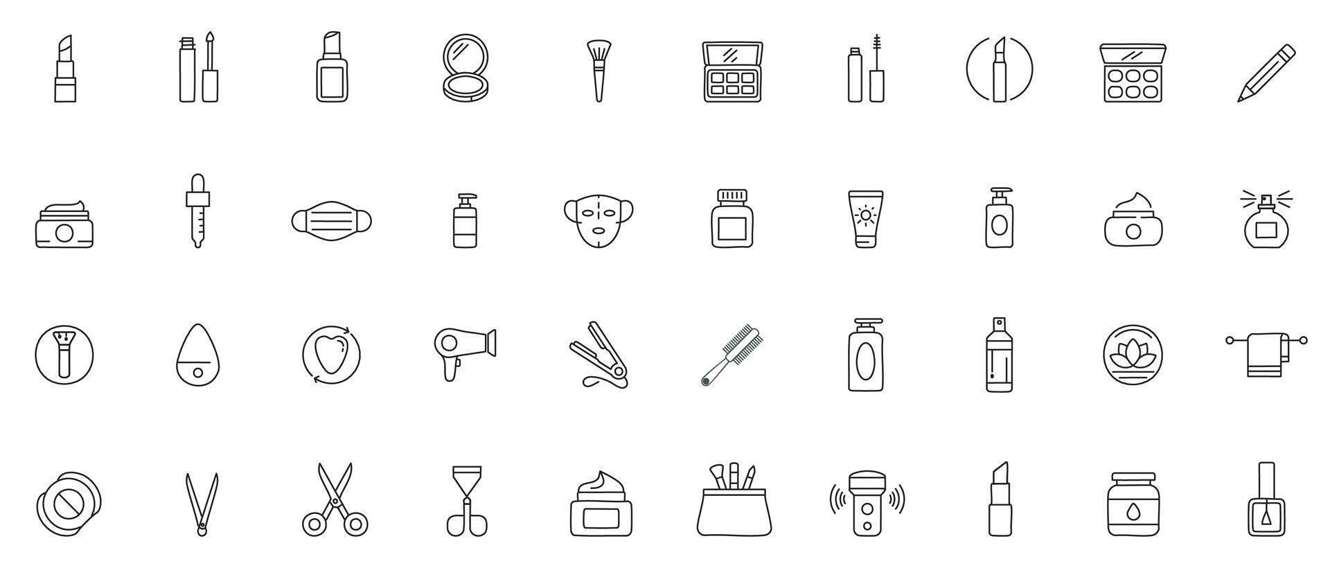 Beauty and Skincare Line Art Icon Set Minimal Outline Icons for Cosmetics, Self-Care, and Personal Grooming vector