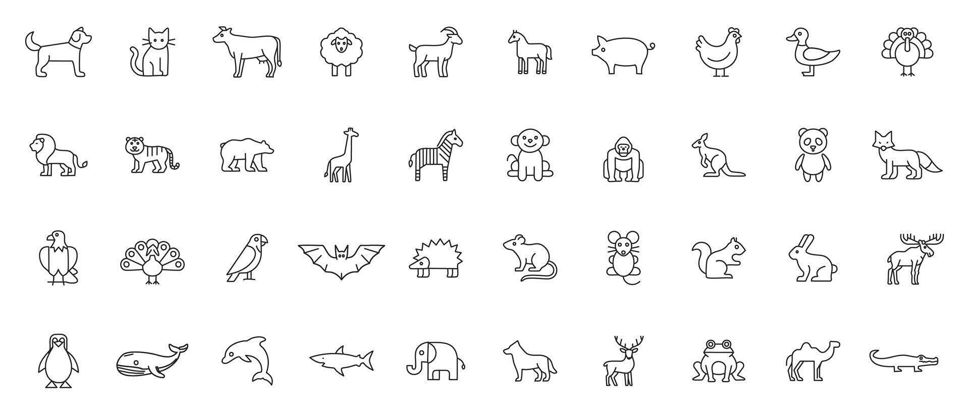 Animal Line Art Icon Set Minimal Outline Icons of Wild, Farm, and Pet Animals vector