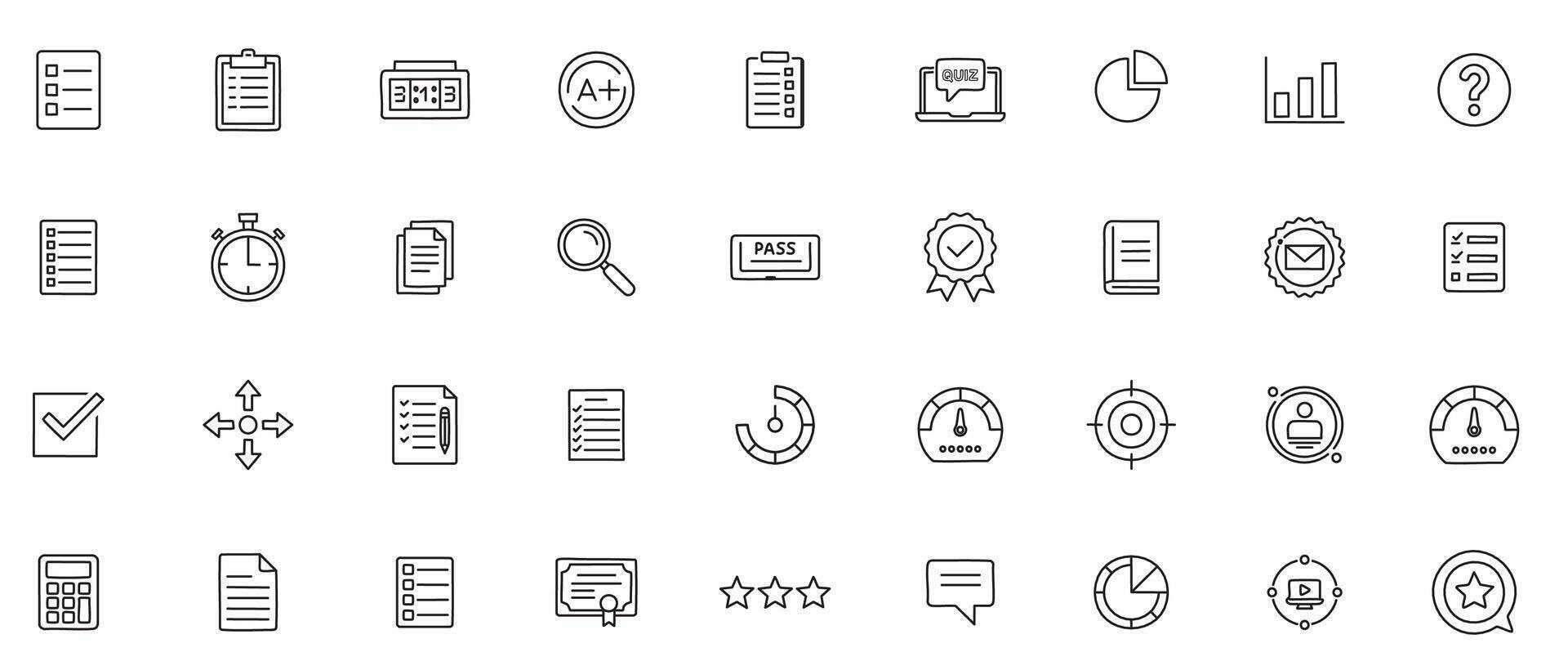 Assessment and Evaluation Icon Set Minimal Line Icons of Tests, Reports, Ratings, and Performance Analysis vector
