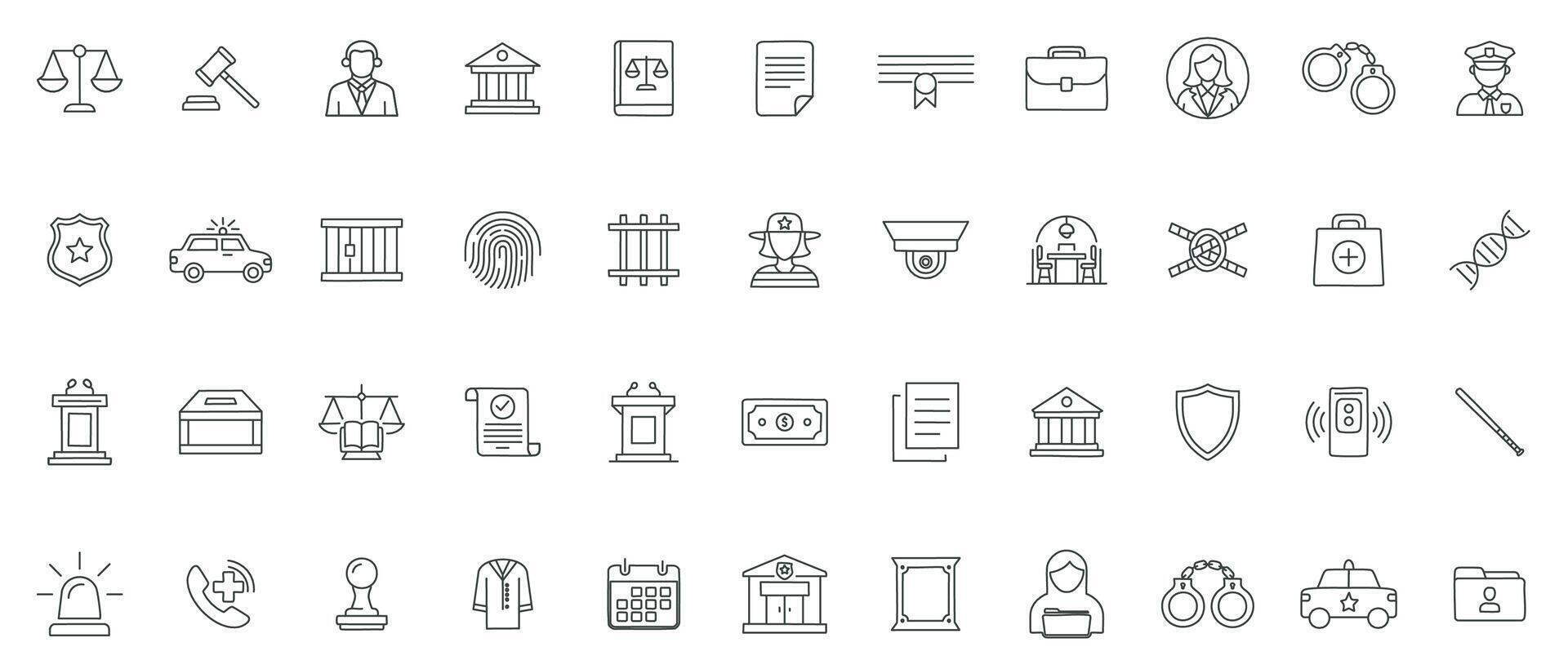 Legal and Law Enforcement Color Icon Set Bold Icons of Justice, Police, Crime, and Court Systems vector