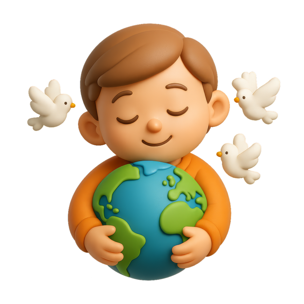 Child Embracing Earth with Love and Harmony in Cute Style png
