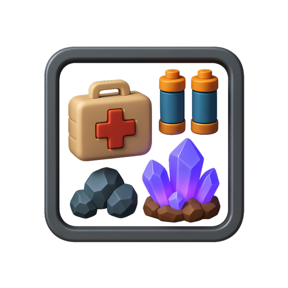 Colorful 3D Game Inventory Icons for Health, Energy, and Resources png