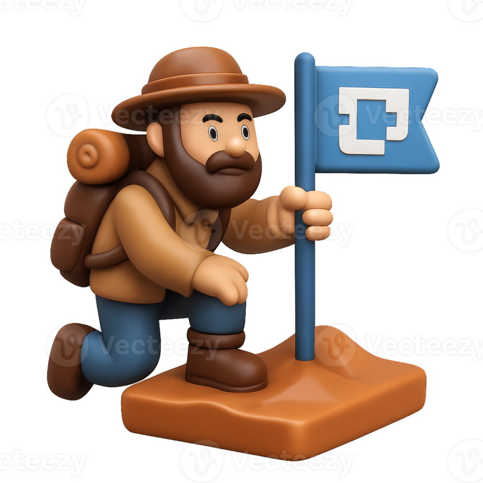 Digital Explorer with Flag on Simple Terrain Landscape png