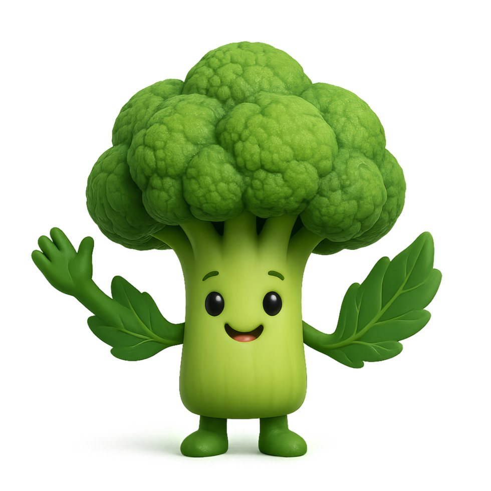 Happy Broccoli Character With Cheerful Expression and Leafy Arms png