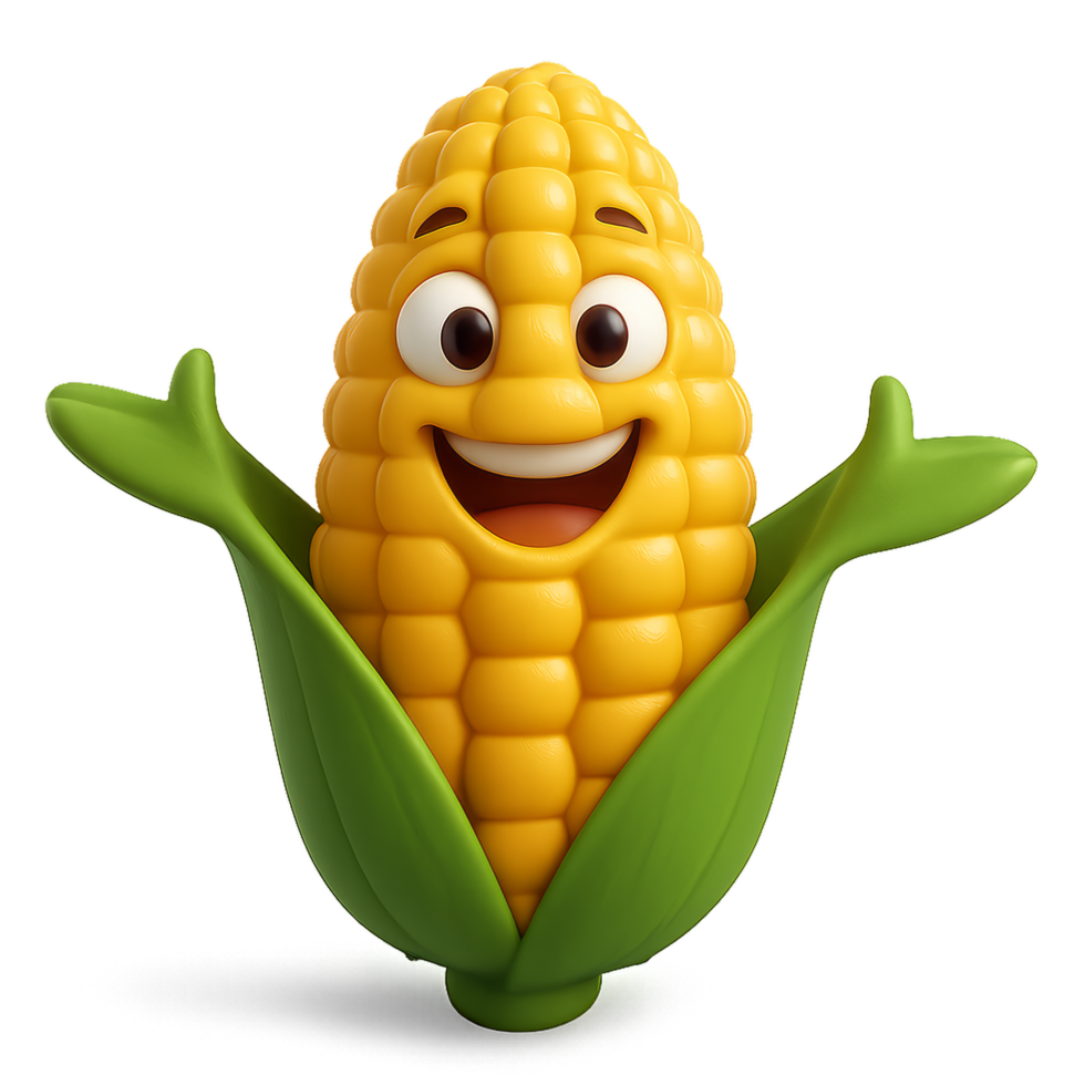 Happy Cartoon Corn Character with Big Smile and Green Leaves png
