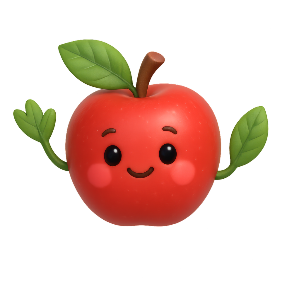 Cheerful Cartoon Apple Character with Leafy Arms and Happy Face png