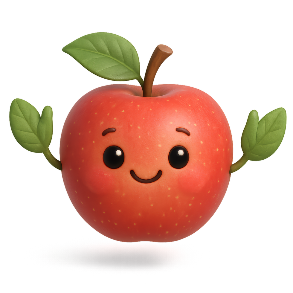 Cheerful Cartoon Apple Character with Leafy Arms and Smile png