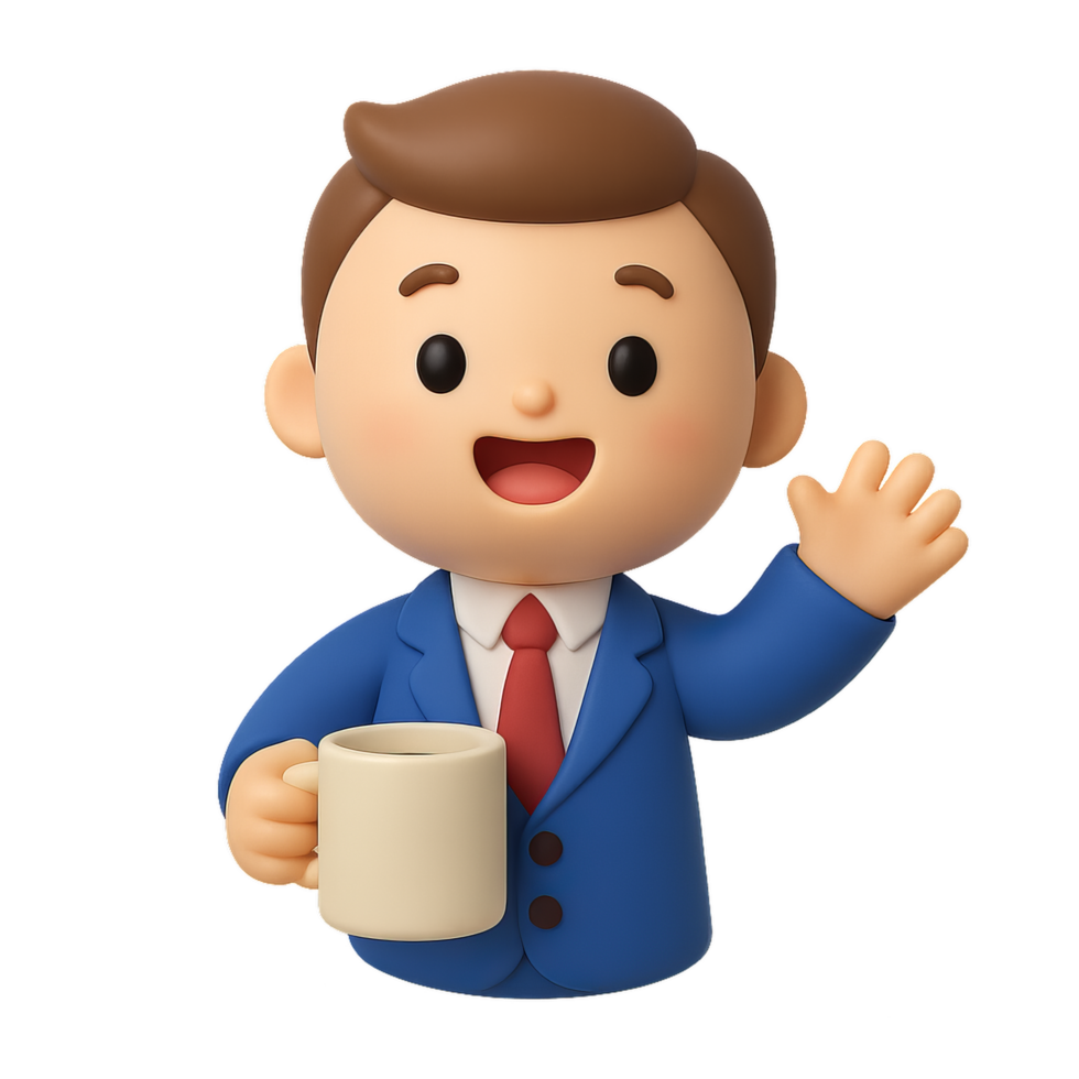 Cute Office Worker with Coffee Mug in Kawaii Style Illustration png
