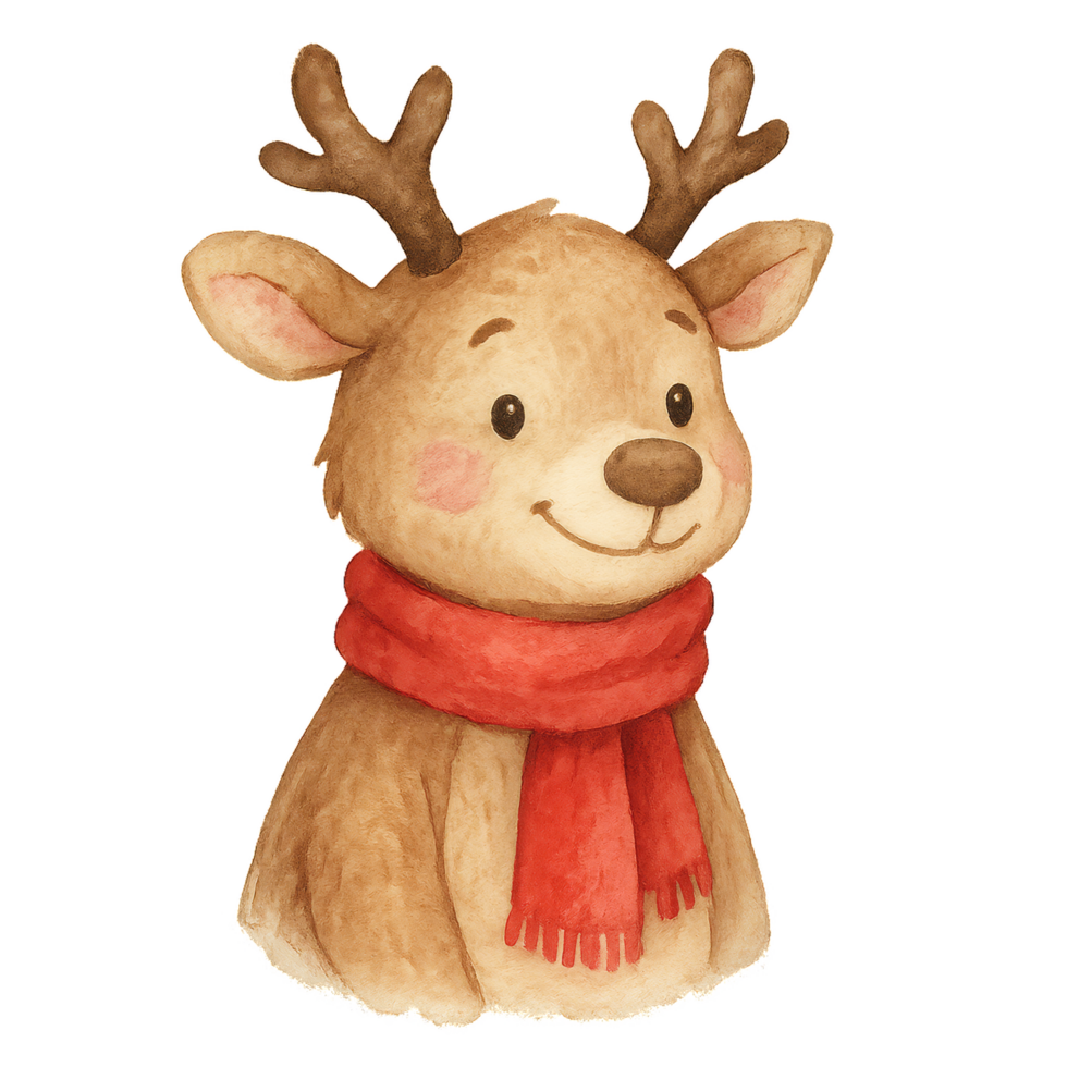 Whimsical Watercolor Illustration of a Friendly Reindeer Character png