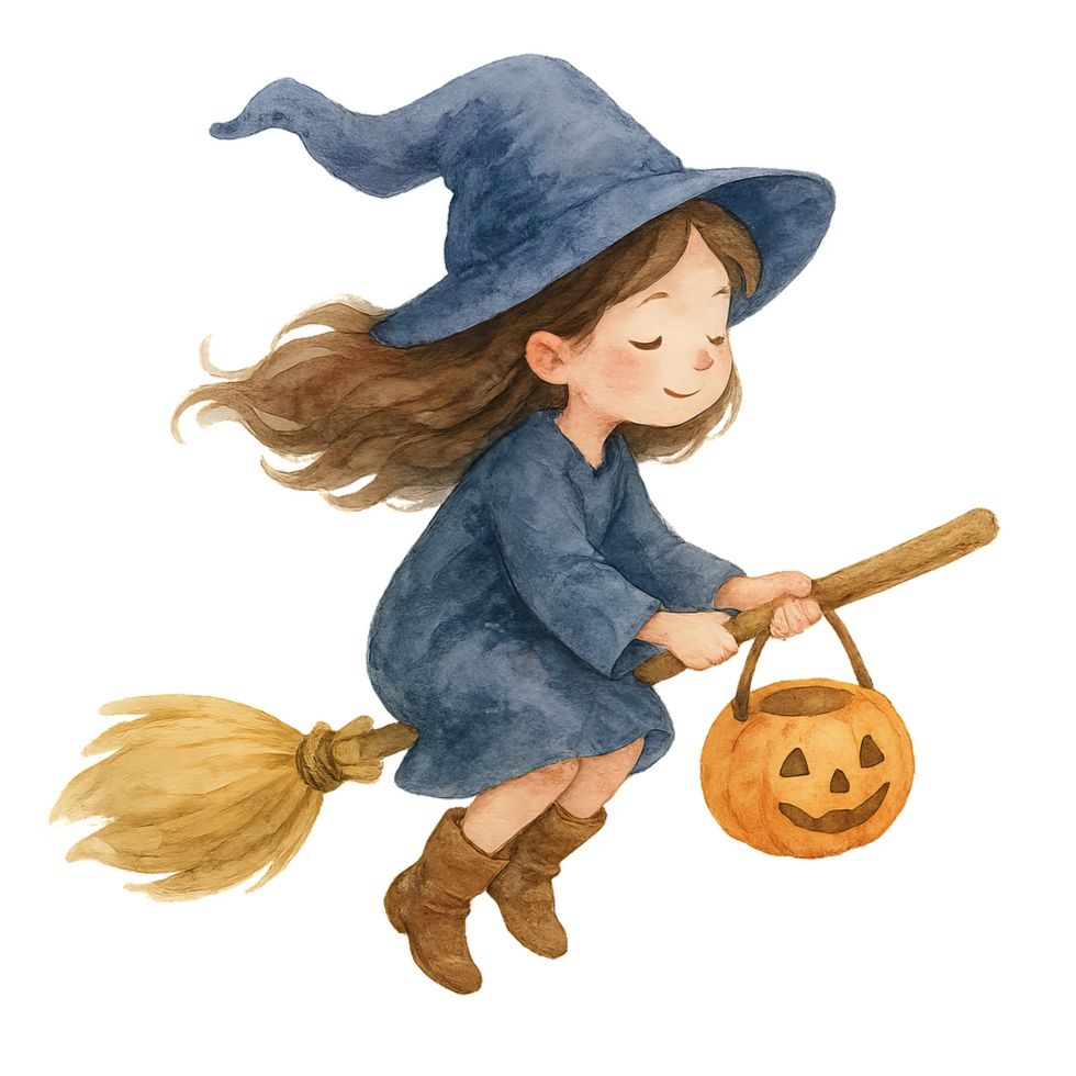 Enchanted Girl in a Witch Costume Soaring with a Pumpkin Basket png